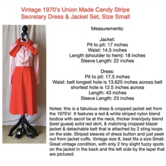 Vintage 1970’s Union Made Candy Stripe Secretary Dress & Jacket Set, XS/Small - Picture 13 of 14
